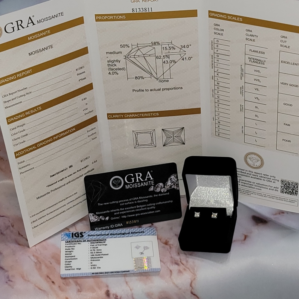 Princess Cut Moissanite GRA Certified 925 Silver/14k Gold Plate Earrings 0.50 Ct